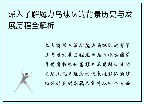 深入了解魔力鸟球队的背景历史与发展历程全解析
